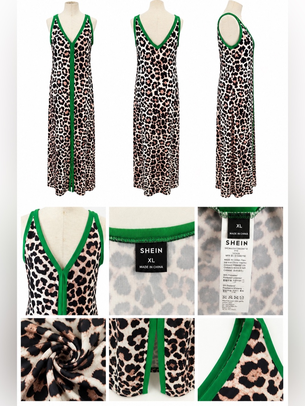 SHEIN Leopard Print Maxi Dress with Green Trim Accents